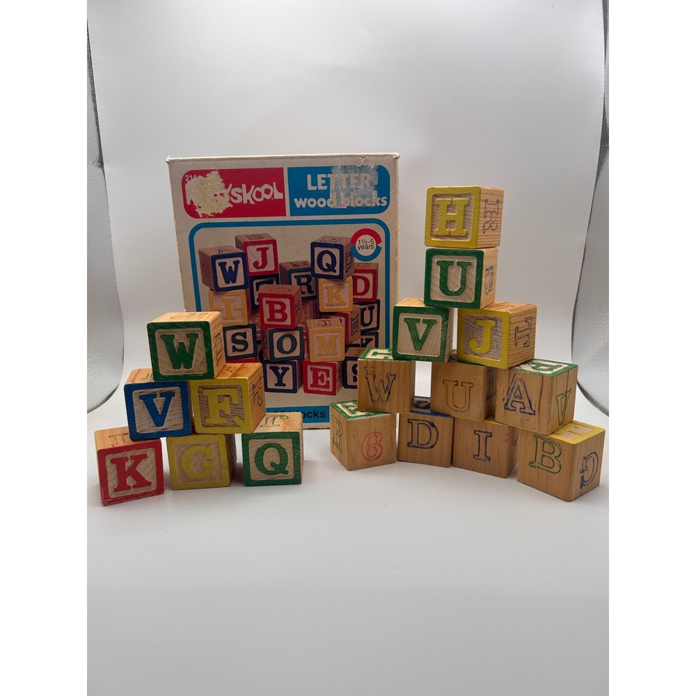 Vintage Playskool Letter Wood Blocks 17 Piece Set Embossed Alphabet Blocks